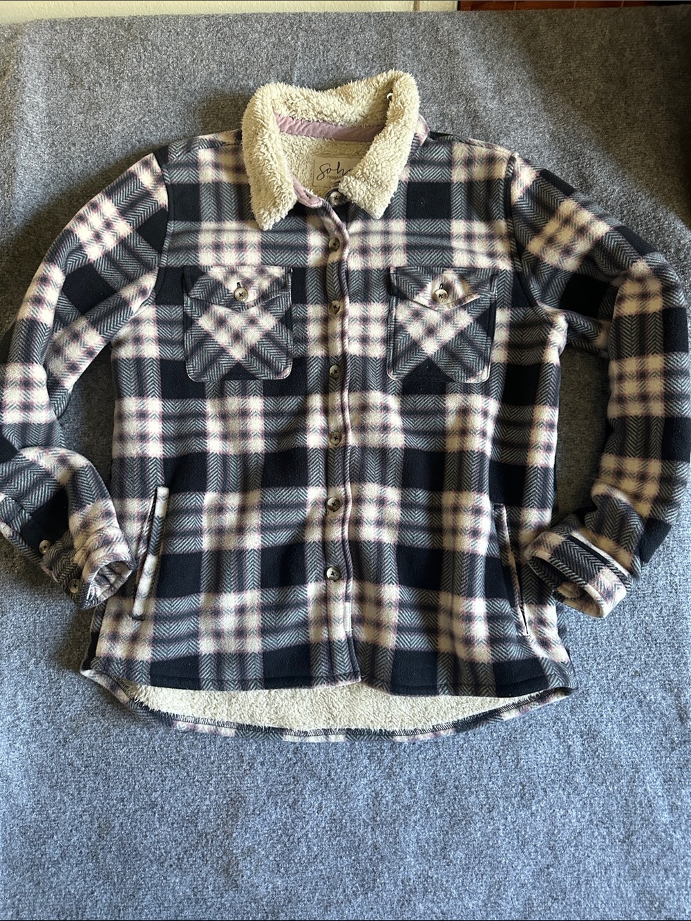 Soho Threads Plaid faux Sherpa-Lined shacket Coat - Black pink Cream size XL